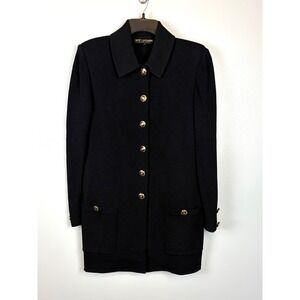 St John Santana Knit Black Long Cardigan Coat 10 Gold Crest Buttons Old Money